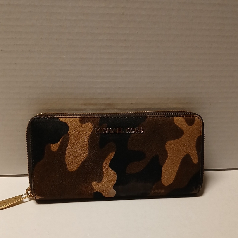 Michael Kors Brown Black Camouflage Calf Hair Texture Wallet GUC